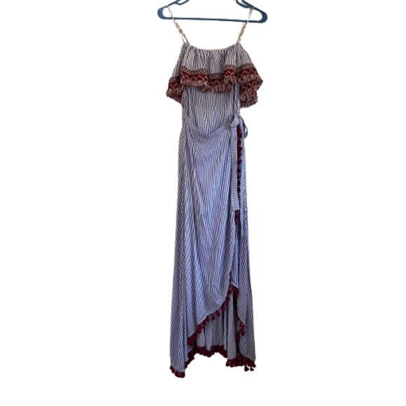 EUC THML Embroidered Blue White Striped Wrap Front Maxi Dress w/ Tassels… - Picture 5 of 11